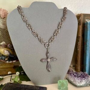 Ornate Antique Sterling Filigree Fancy Link Chain Necklace with Cross Pendant